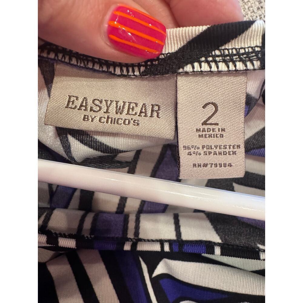 Chico's Easywear Multi Color Block Blue Black Print Crew Neck Long Sleeve Sz 2 - Picture 2 of 10